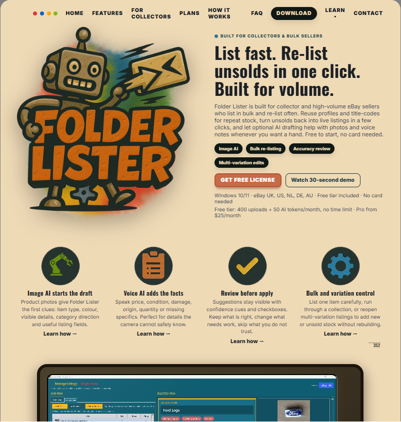 Folder Lister-productpresentatie met het echte logo, de Folder Lister-website en een zichtbaar voorbeeld van de werkende marketplace-app