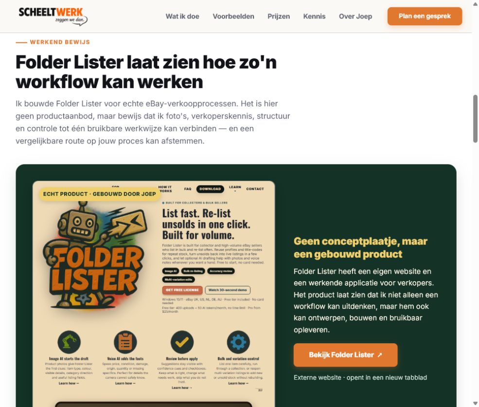 Uitsnede van de Scheeltwerk-marketplacecase met de Folder Lister-workflow, productvisual en uitleg over controle vóór publicatie