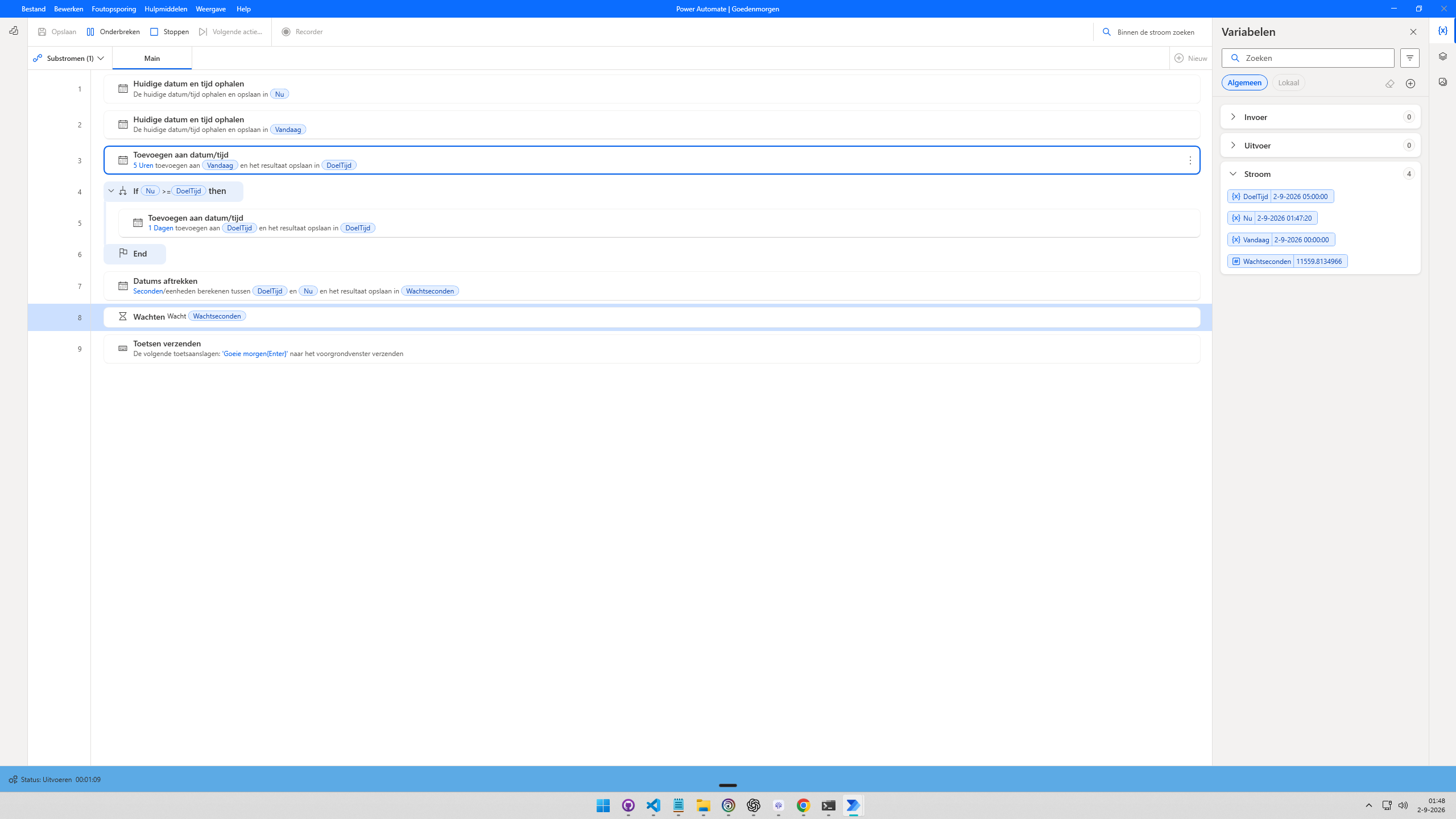 Volledige Power Automate Desktop-flow die tot 05:00 wacht en daarna Goeie morgen verstuurt