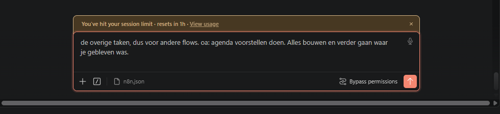 Een klaargezette vervolgopdracht onder een melding dat de sessielimiet over een uur wordt vernieuwd