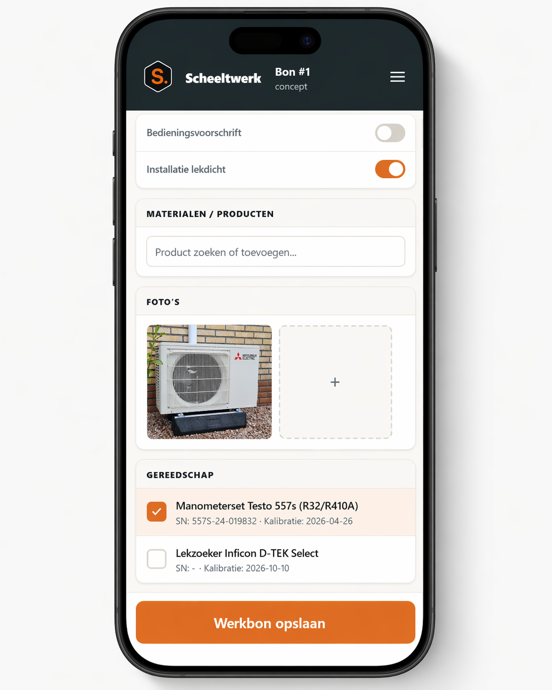 Werkbon-app op mobiel: voorbeeld voor een airco-monteur
